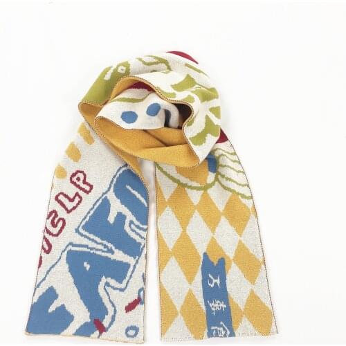 Bebobsons Winter New Hand-painted Illustration Pattern Jacquard Thick Long Knitted Scarf For Women Cotton Teenage Girls Shawl