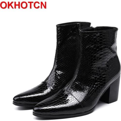 Height Increased Men Winter Snow Boots Black Snake Pattern Mens Ankle Boots Designer High Tops Leather Boots Men With Warm Fur