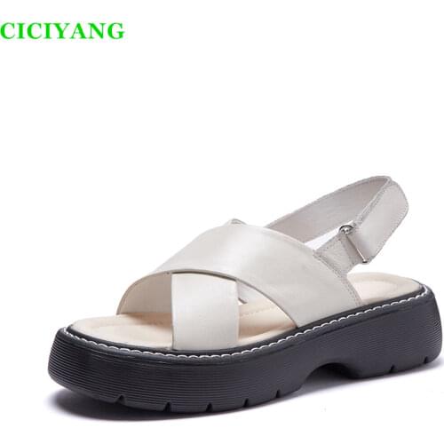 Summer Thick-soled Sandals Women 2021 New Style Genuine Leather Cross Straps Flat Shoes Ladies College Open Toe Sandals