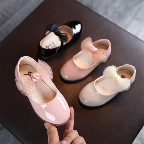 Girls Leather Shoes Solid Color Soft Sole Flat Shoes with Decorative Bow Knot, Pale Pink/ Beige/ Black Princess Shoes