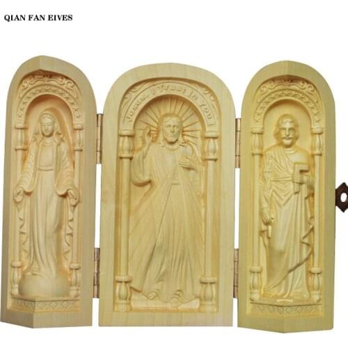 Solid wood Jesus round three-opened box statue,Modern art sculpture，Portable home decoration statue，Gift souvenir，free delivery