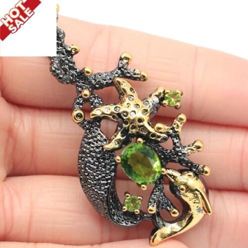 54x26mm SheCrown Gothic Design Dolphin Created Green Peridot Paris Blue Topaz Cool Black Gold Silver Pendant For Woman