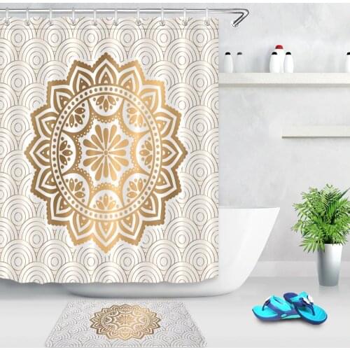 LB Funny Yellow Gold Flower Circle Printing Shower Curtain 12 Hooks Sets Kids Bathroom mat Waterproof Fabric Polyester Cloth