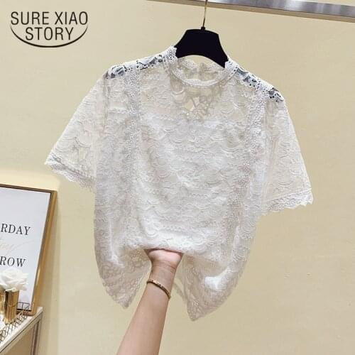 Sweet Women Lace Blouse Fashion Button Transparent Mesh White Shirt Female See-through Short Sleeve Blouse Summer Blusas 15013