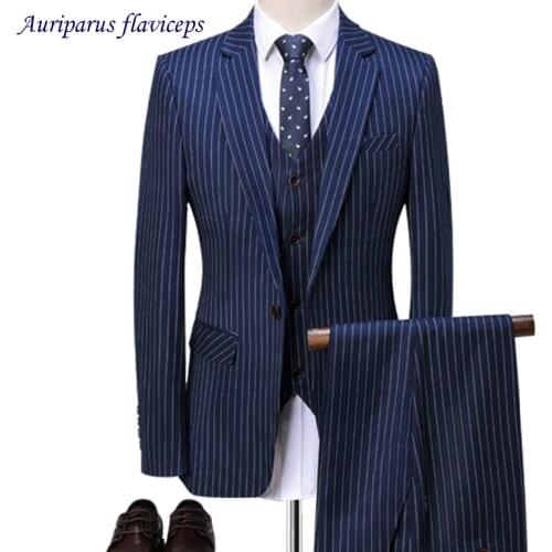 2020 Navy blue Man Suits With White Striped Groom Tuxedos Groomsman Suit Business Suit Tailored Wedding Suit (Jacket+pants+vest)