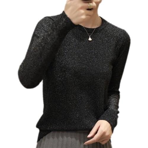 Fall winter new solid color o-neck base sweater women loose pullover long-sleeved bright silk sweater
