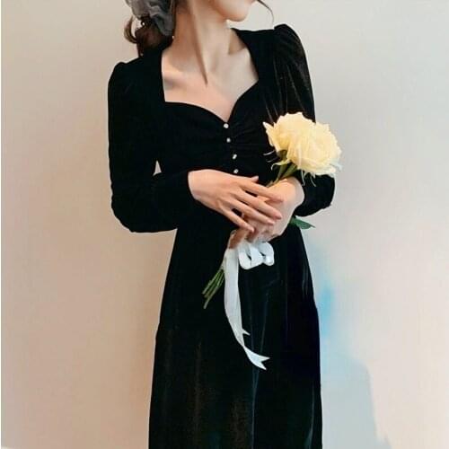 French Black Midi Dresses Women Long Sleeve Vintage Velvet Dress Party Korean Fashion 2021 Autumn Retro Y2k Dress Office Lady