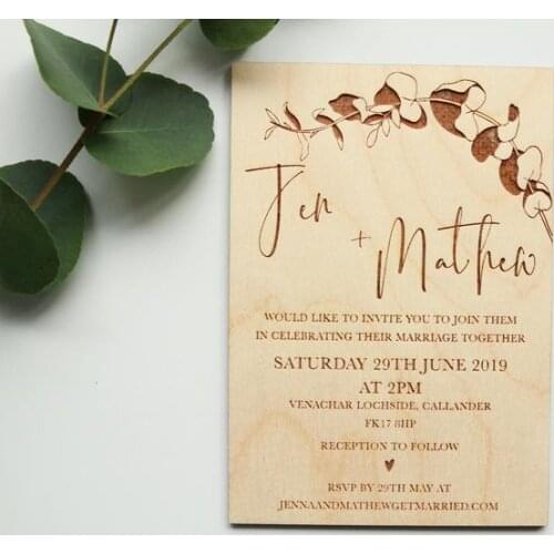 Eucalyptus Wedding Invitation, Botanical Wedding Invite, Floral Personalised Wedding Invite, Simple Wooden Invite, Minimal Invit