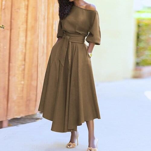 Sexy Oblique Shoulder Collar Temperament Dress Fashion Office Lady Tie-Up Waist Dress Slim Solid Short Sleeve Pocket Party Dress