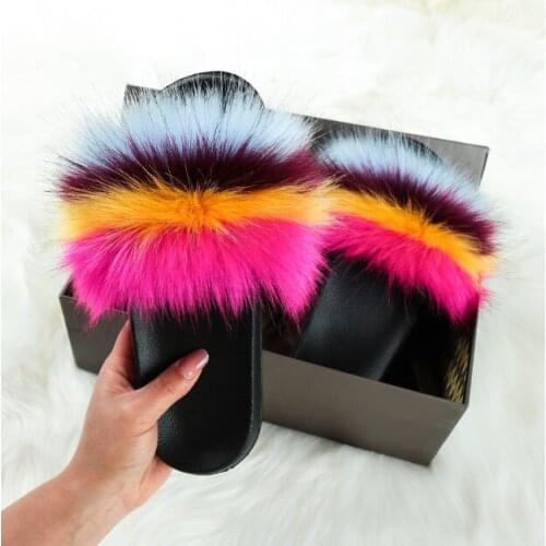 Summer Fluffy Fur Slippers Women Faux Fox Fur Slides Mixed Fuzzy Flat Fur Sandals Indoor Slippers Lady Fur Flip Flops Plush Shoe