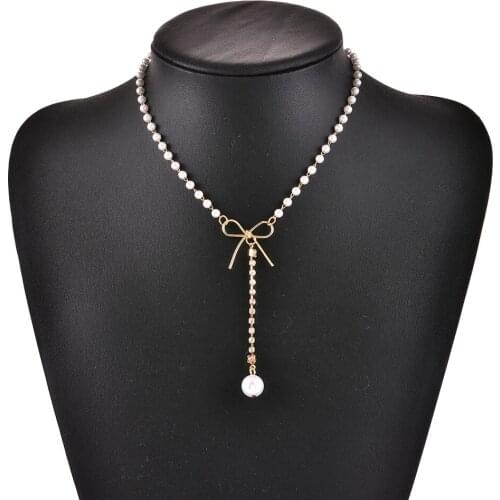 Fairy Niche Choker Bow Pearl Pendant Necklace Female Ins Cold Wind Temperament Simple Clavicle Chain Necklace Female Wholesale