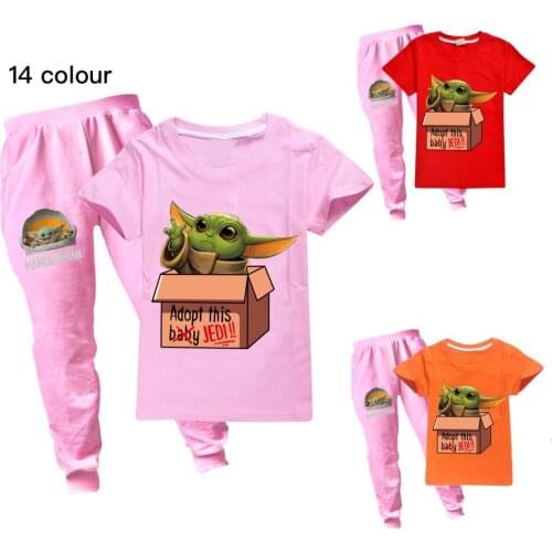 Mandalorian Baby Yoda Boys Girls Sportswear Suit Cotton Top Pants Childrens Casual Clothing Two-piece T-shirt Sets