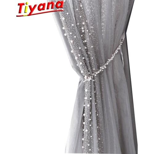 Side Beading Embroidered Tulle Curtains for Living Room Light Luxury Pearls Grey Sheer Volie for Balcony ZH452#VT