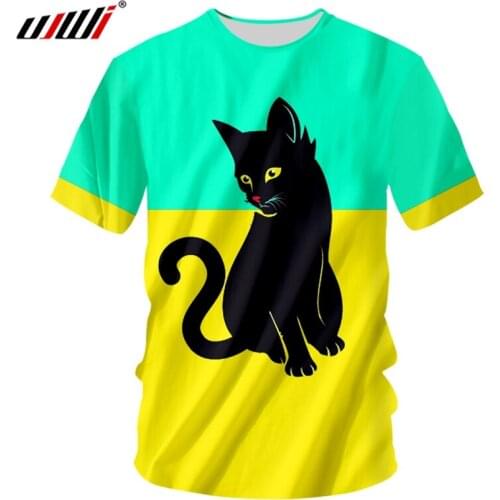 UJWI Man New Lovely Animal O Neck Tshirt 3D Printed Cat Best Selling Green Yellow Stitching Wholesale Personality Mens T-shirt