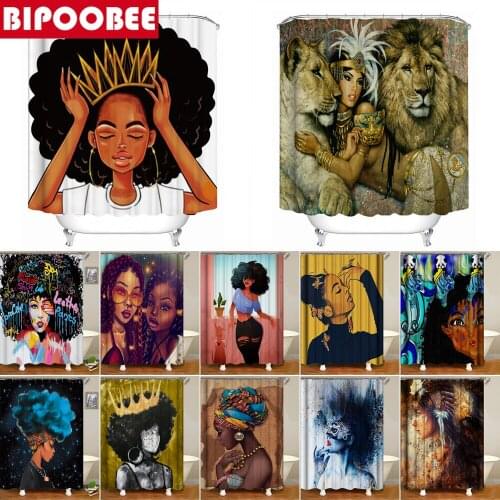 African American Women with Crown Shower Curtains Bathroom Curtain Queen Couple Lion Waterproof Polyeste Fabric Home Decor