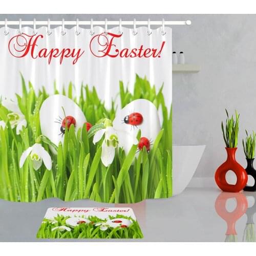 Easter Eggs Insect Green Meadow Flower Fabric Shower Curtain Mildew Proof Waterproof Polyester Bath Curtain Bathroom Decoration