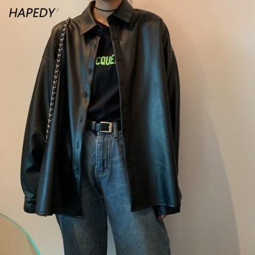 Women oversized PU Leather Blouses 2021 Spring Autumn New Black Faux Leather Basic Coat Turn-down Collar Motor Biker Jacket