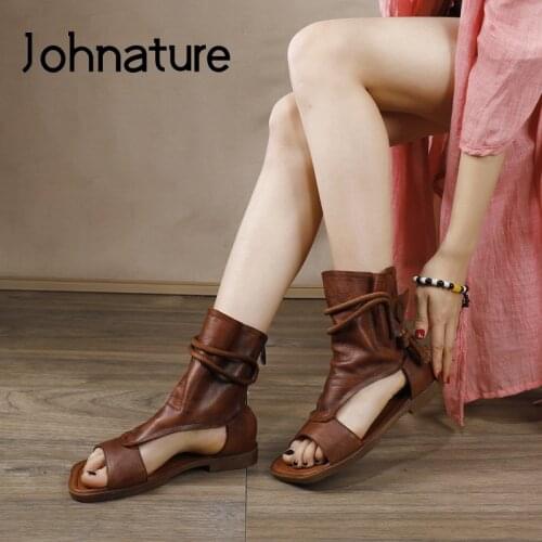 Johnature Ladies Sandals 2020 New Spring Retro Women Shoes Genuine Leather Zip Flat With Sewing Handmade Platform Sandals