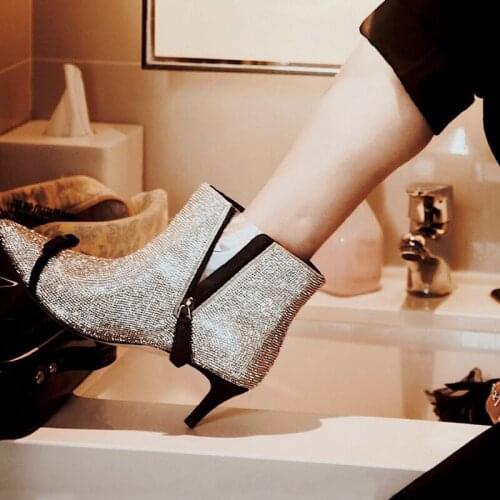 Fashion Bling Bling Ankle Booties 2020 Crystal Handmade Spring Shoes Party Dress Pointed Toe Runway Woman Ankle Boots