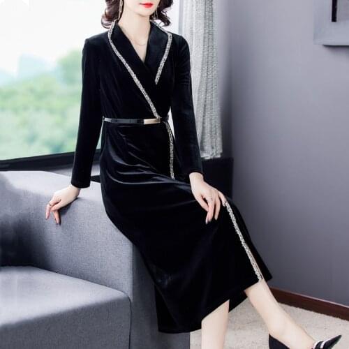High Quality Black Velvet Vintage Suit Dresses 2021 Spring Autumn 4XL Plus Size Solid Midi Dress Women Bodycon Elegant Vestidos
