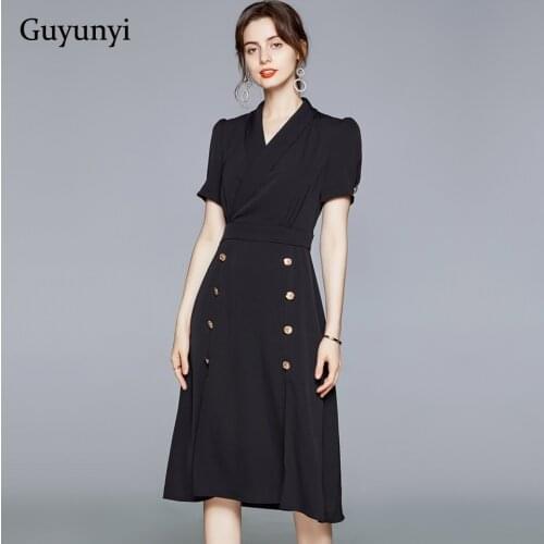 Black Office Lady Dress 2021 Summer Notched Neck Puff Sleeves Decorative Double Breasted Hem Slit Elegant Party Dress Women