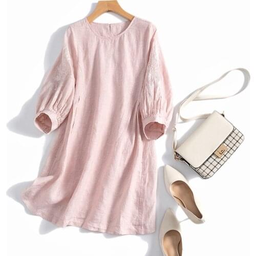 Summer Women Loose Plus Size Petite Japan Style Flower Embroidery Comfortable Breathable French Water Washed Linen Dresses