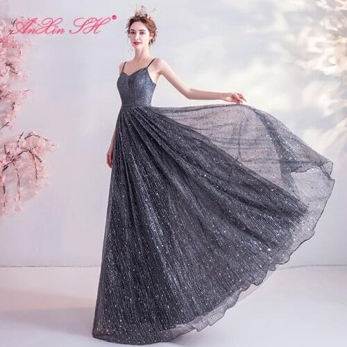 AnXin SH princess black lace sleeveless evening dress luxury Black Star dinner party performance host evening dress 3661
