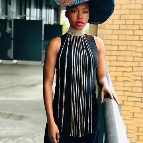 Gold Silver Sparkle Diamonds Dresses Rhinestone Long Tassel Body Chain Loose Sexy Women Night Club Party Luxury Mini Dress 2021