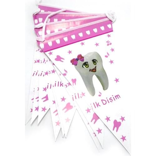 1set Happy Birthday First Tooth Bunting Girls Favors Pink Paper Flags Baby Shower Party DIY Hanging Banner Decoration Pennants