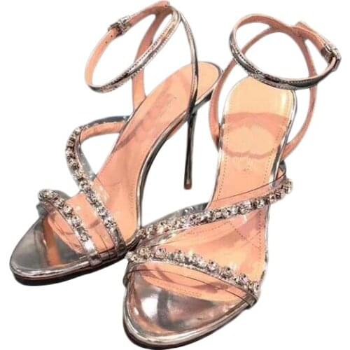 Thin High Heel Crystal Sandals Ankle Buckle Open Toe Cut Out Stiletto Thin High Heels Office Ladies Shoes Bling Bling Shiny Shoe