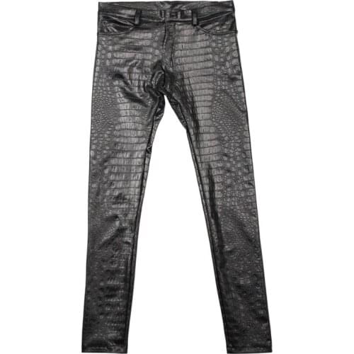 Crocodile Alligator Print PU Faux Leather Pencil Pants Thin Fleece Warm Autumn Trousers Motorcycle Mens Streetwear Spodnie Pant