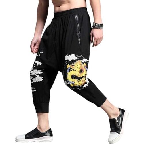 Hip Hop Sweat Pants Calf-Length Dragon Print Pants Men Casual Harem Cotton Joggers Baggy Sweatpants Korean Fashion Clothing