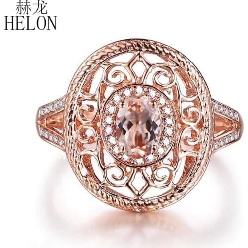 HELON Flawless Oval 6x4mm Morganite Ring Ring 14K Rose Gold Natural Diamonds Engagement Wedding Ring Women Fine Jewelry Gift