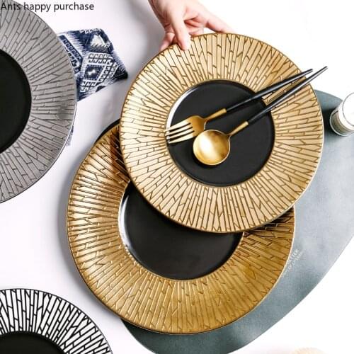 Creative Golden Border Pattern Ceramic Dinner Plate Steak Plate Western Tableware Set Restaurant Hotel Plate Kitchen Utensils