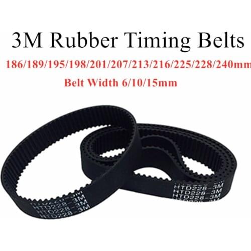 HTD 3M Round Rubber Timing Belts Closed-Loop 186/189/195/198/201/207/213/216/225/228/240mm Length 6/10/15mm Width Drive Belts