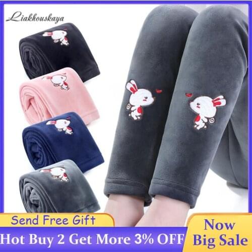 Grils Leggings Toddler Grils Winter Plus Velvet Trousers Baby Warm Cartoon Embroidery Pants Kids High Elasticity Skinny Leggings