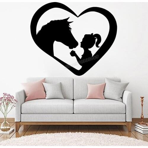 Love Animals Heart Wall Sticker Horse With Girl Wall Decal Vinyl Home Decoration for Bedroom Baby Room Nursery Decor Mural C724