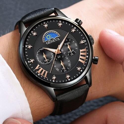 Fashion Business Three Eyes Rhinestone Calendar Roman Index Round Leather Dial Mens Quartz Hand Watch relogio masculino montre