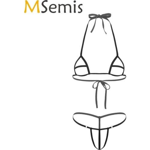 MSemis Womens Sexy Erotic Bikini Lingerie Set Halter Neck Open Breast Bra Top Open Butt Underwear Micro G-String Briefs Swimsuit