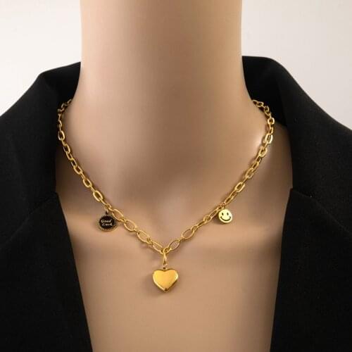 316L Stainless Steel New Fashion Upscale Jewelry Love Smile Good Luck Charms Thick Chain Choker Necklaces & Pendants For Women