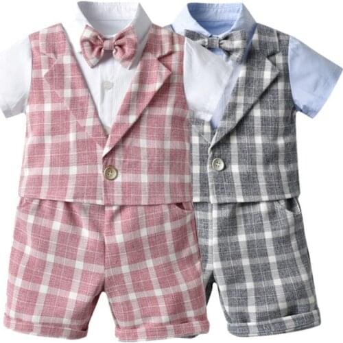 2021 New Summer Arrival Plaid Boys False Two Pieces vest Suit Set /Flower Boy Clothes/Childrens Birthday Party Wear 3184