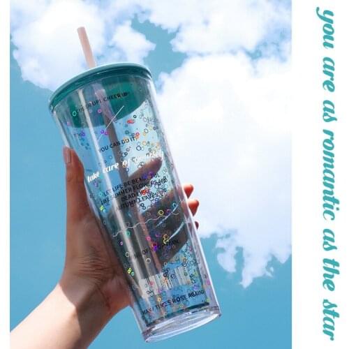 OAPE New Year 2021 720ML Large Capacity Sippy Glitter Cup Web Celebrity Cute Kids Plastic Straw Bottle Water Cup