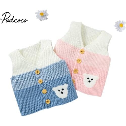 Infant Baby’s Girls Boys Casual Knitted Vest Autumn and Winter Cartoon Bear Jacquard V-neck Sleeveless Cardigan