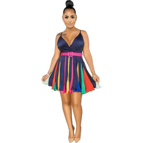 Adogirl Sexy Spaghetti Strap Deep V-neck Women Dress Backless Color Patchwork Slim Mini Dress Female Short Flare Dress Vestido