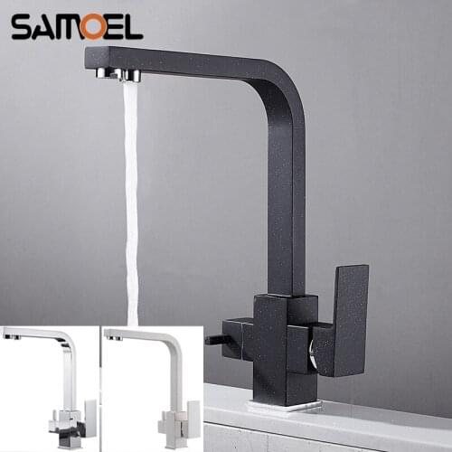Contemporary Brass Matte Black Square 3-way Purified Kitchen Sink Faucet Deck-mounted Dual handle Drinking Water Mixer Tap B3411