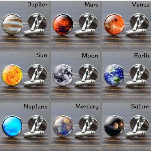 Full Moon Solar System Planet Men Cufflinks Set Glass Galaxy Nebula Earth Sun Jupiter Suit Shirt Cuff Links Gift Dropshipping