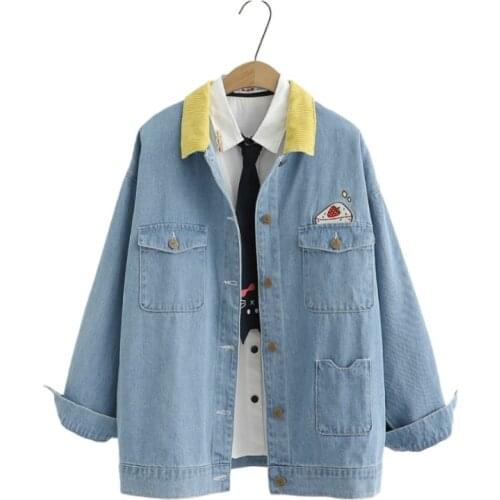 XUANHAO Women Denim Jackets Cartoon Embroidery Jeans Jackets 2020 Winter Long Sleeve Turndown Collar Pockets Basic Jackets