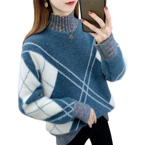 Colorblock Imitation Mink Velvet Sweater Pullover Women New Autumn Winter Clothes Half Turtleneck Sweater Jumper Female Tops
