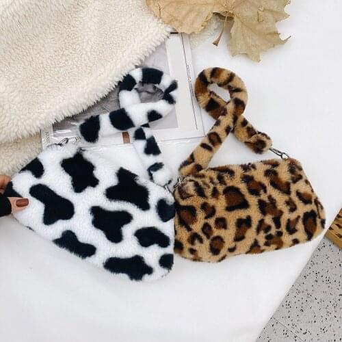 Retro Women Animal Printed Underarm Purse Portable Soft Plush Shoulder Handbag Casual Autumn Winter Street Travel Shopping Bags