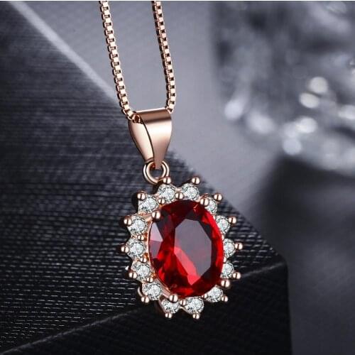 Female Ruby Red Crystal Pendant Necklace Rose Gold Sterling Silver Chain Necklaces For Women Oval Flower Wedding Necklace